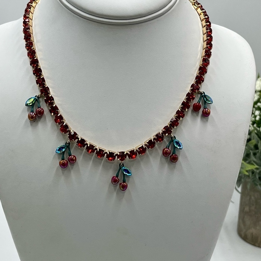 Betsey Johnson Gold Tone & Red Crystal Tennis Necklace With Cherry Charms New